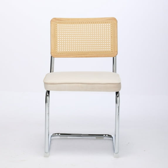 Smilegend Mid Century Modern Velvet Dining Chairs Set of 2 with Rattan Back and Stainless Chrome Base, Beige