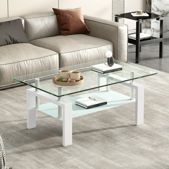 Smilegend Modern Tempered Clear Glass Coffee Table with Geometric Design, 2-Layers Living Room Center Table, Durable and Easy Assembly Glass Top