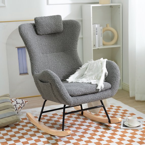 Smilegend Modern Upholstered Rocker Glider Chair with Adjustable Headrest & Pocket - Comfy Chair for Nursery, Bedroom, Living Room - Rubber wood, Various Colors