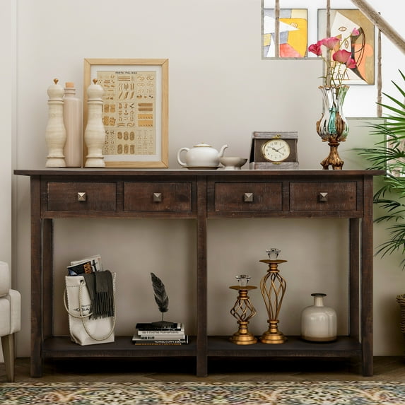 Smilegend Rustic Farmhouse Entryway Table with 4 Drawers and Bottom Shelf, Solid Wood Console Table for Living Room, Hallway, Espresso Finish
