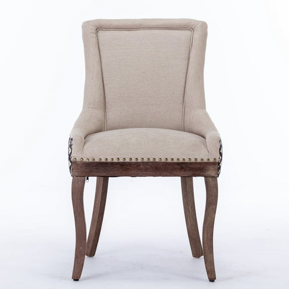 Smilegend Set of 2 Beige and Patterned Dining Chairs with Solid Wood Legs and High Density Foam Cushion, Hand-Made Backrest Seam and Bronze Nail Head Detail