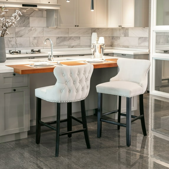 Smilegend Set of 2 Velvet Upholstered Barstools, Wingback Counter Height Chairs with Button Tufted Backrest, Wooden Legs and Chrome Nailhead Trim, Modern Leisure Bar Chairs (Beige)