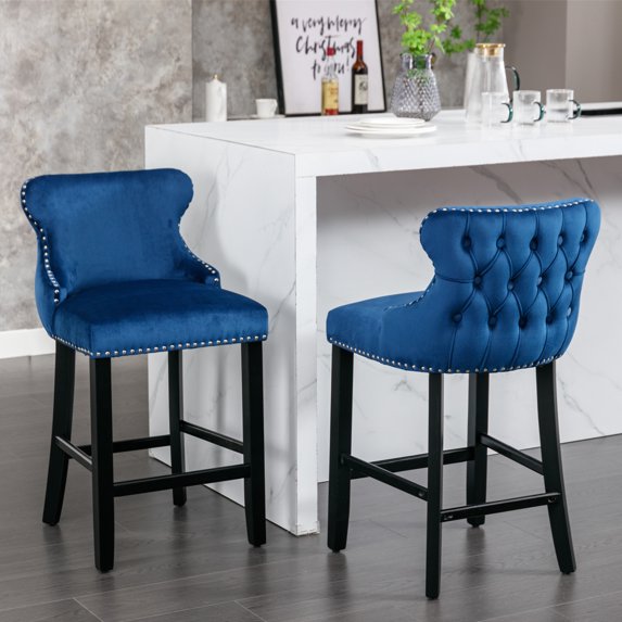 Smilegend Set of 2 Velvet Upholstered Barstools, Wingback Counter Height Chairs with Button Tufted Backrest, Wooden Legs and Chrome Nailhead Trim, Modern Leisure Bar Chairs (Blue)
