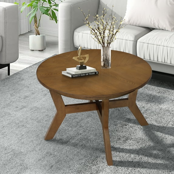 Smilegend Solid Wood Round Coffee Table, 32 Inch Mid-Century Modern Farmhouse Style Living Room Table with Easy Assembly, Durable and Stable, Walnut