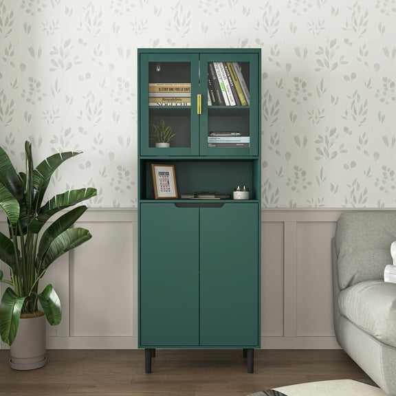 Smilegend Tall Green Storage Cabinet with Glass Doors, Modern Freestanding Pantry for Bathroom, Kitchen, Living Room - Sturdy & Waterproof - Easy Assembly, Green