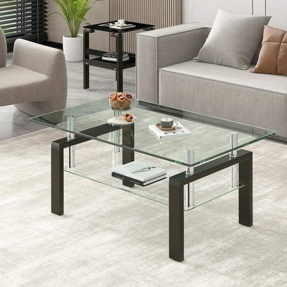 Smilegend Tempered Glass Coffee Table, 2-Layer Living Room Center Table, Modern Design, Easy Assembly, Smooth Surface, Suitable for Small Spaces