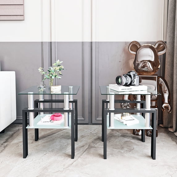 Smilegend Tempered Glass Square Coffee Table Set - Transparent/Black, 150lbs, Sturdy Steel Frame, Adult Use