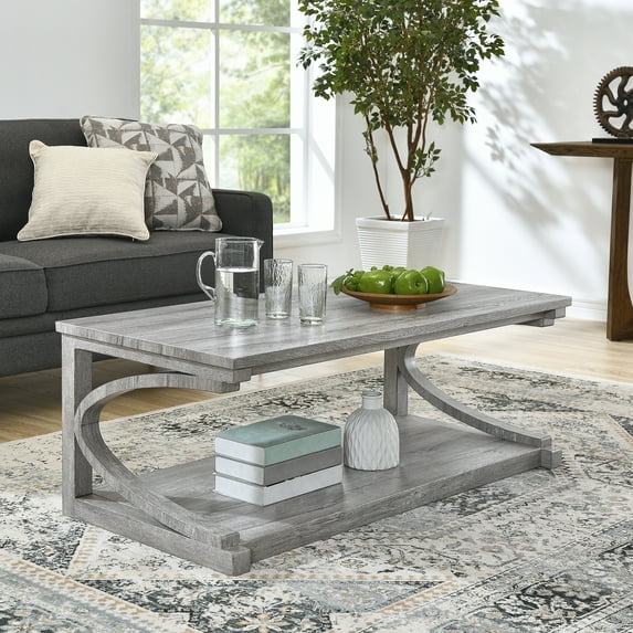 Smilegend Unique Geometric Coffee Table with Storage - 48 Inch Modern Mid Century Solid Wood Center Table for Living Room, Kitchen, Apartment - Multifunctional Sofa Side Table with Shelf - Gray