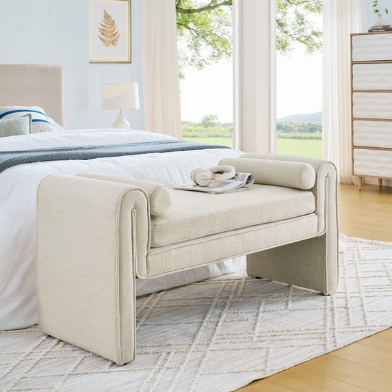 Smilegend Upholstered Storage Ottoman Bench, 50 Inch Large Storage Chest with Rolling Arms, Linen Fabric Bed End Bench for Bedroom, Living Room, Entryway, Beige