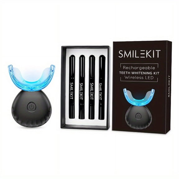 Smilekit Rechargeable Teeth Whitening Kit with Wireless LED Light, 4 Whitening Gel Tubes, 16 - Minute Sessions for Stain Removal (Black)