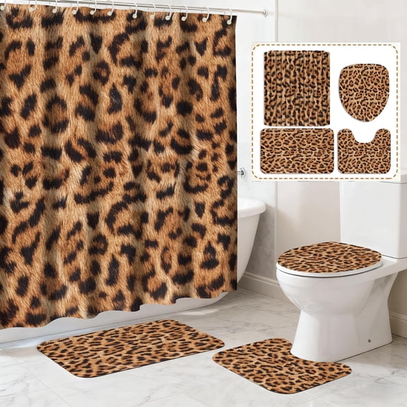 All Smiles Bathroom Sets with Shower Curtain and Rugs, 4-Piece Leopard Print 72" x 72" Wild Safari Cheetah Decor, Includes Non-Slip Mat, Toilet Lid Cover