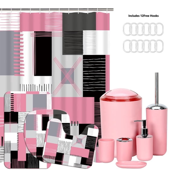All Smiles 10-Piece Bathroom Accessories and Shower Curtain Set with Rugs,Pink