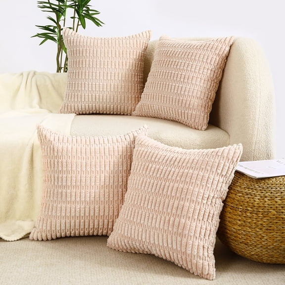 Decorative Throw Pillow Covers 18x18 Set of 4 Farmhouse Rustic Boho Home Decor Soft Plush Striped Corduroy Square Cushion Case for Living Room Couch Bed Sofa Pink