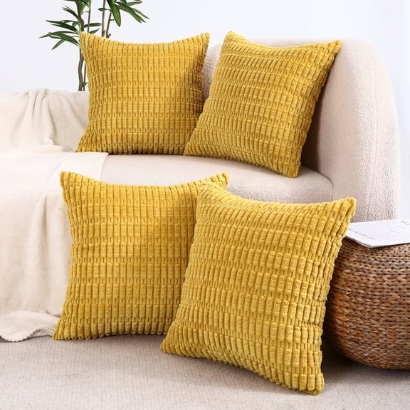 Decorative Throw Pillow Covers 18x18 Set of 4 Farmhouse Rustic Boho Home Decor Soft Plush Striped Corduroy Square Cushion Case for Living Room Couch Bed Sofa Mustard Yellow
