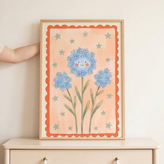 Smiley Blue Flower Floral Wall Decor Unframed Paper Print