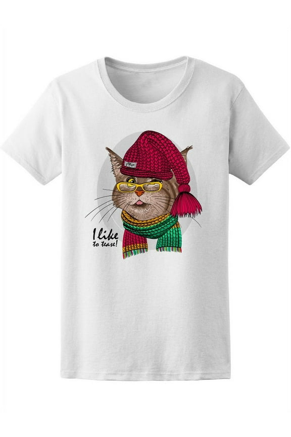 Smiley Cat With Red Hat & Glasse Tee Women's - Women T-Shirt, Large