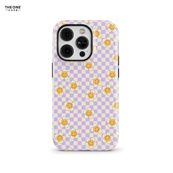 Smiley Daisy Checkered Tough Case for iPhone 11-13 Mini