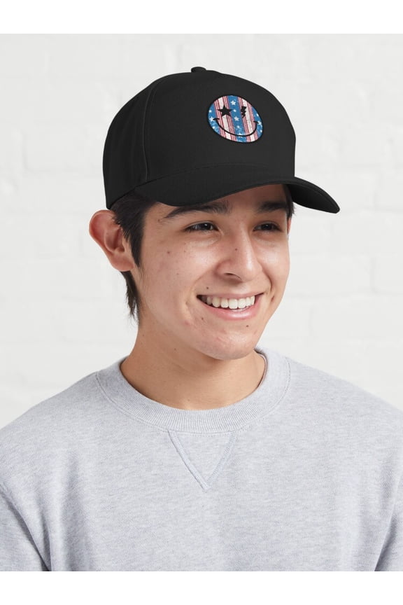 Smiley Face America Vibes 6 Baseball Hat, Fourth of July Celebration Graphic Design, Classic Cap