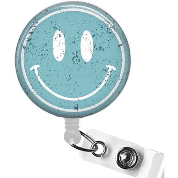 Smiley Face Badge Reel, Retro Positive Vibes Retractable ID Holder | Positive Workplace Accessory, Retro Aesthetic Design, Teacher and Nurse Gift, Everyday Mood Booster