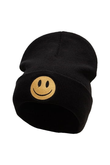 Black Ribbed Beanie with Smiley Patch - Women Accessories Black SmileyWorld® Beanie Hat – Smiley World main image 2