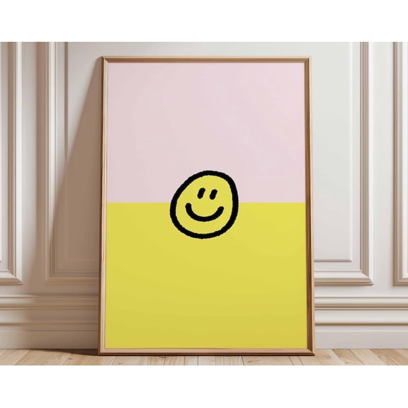 Smiley Face Bright Yellow And Pink Wall Art Print, Unframed Paper Poster 8x10in