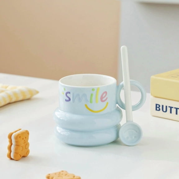 Smiley Face Ceramic Coffee Mug with Spoon - 400ml Fun Drinkware for Coffee and Tea