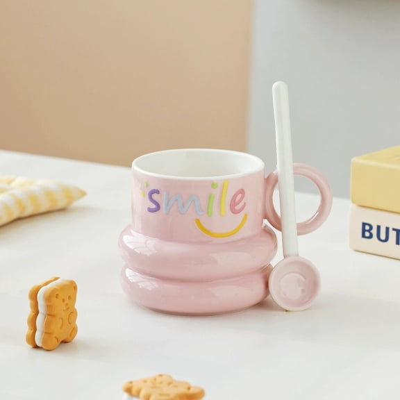 Smiley Face Ceramic Coffee Mug with Spoon - 400ml Fun and Functional Cup for Hot and Cold Beverages
