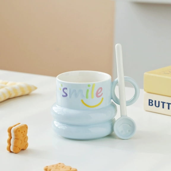 Smiley Face Ceramic Coffee Mug with Spoon - 400ml Fun and Functional Cup for Hot and Cold Beverages