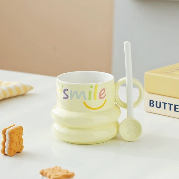 Smiley Face Ceramic Coffee Mug with Spoon - 400ml Fun and Functional Cup for Hot and Cold Beverages