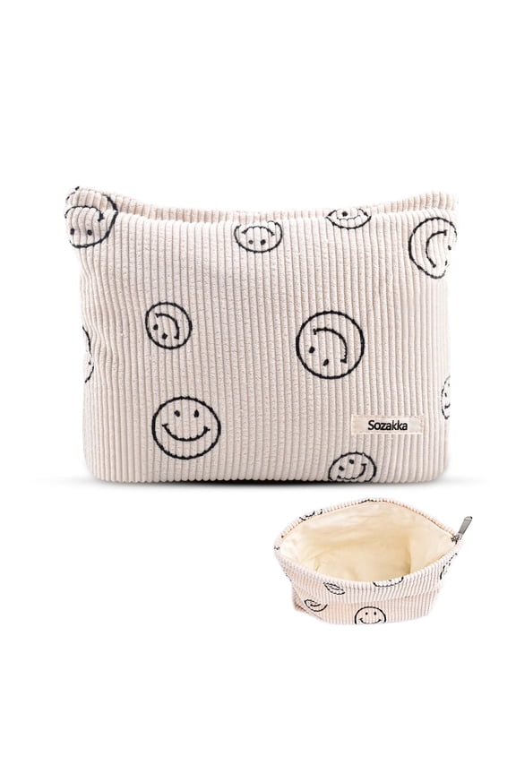 Smiley Face Corduroy Makeup Bag for Women - Multi-Purpose Cosmetic Organizer with Zipper, Travel Toiletry Pouch, Cute Gift