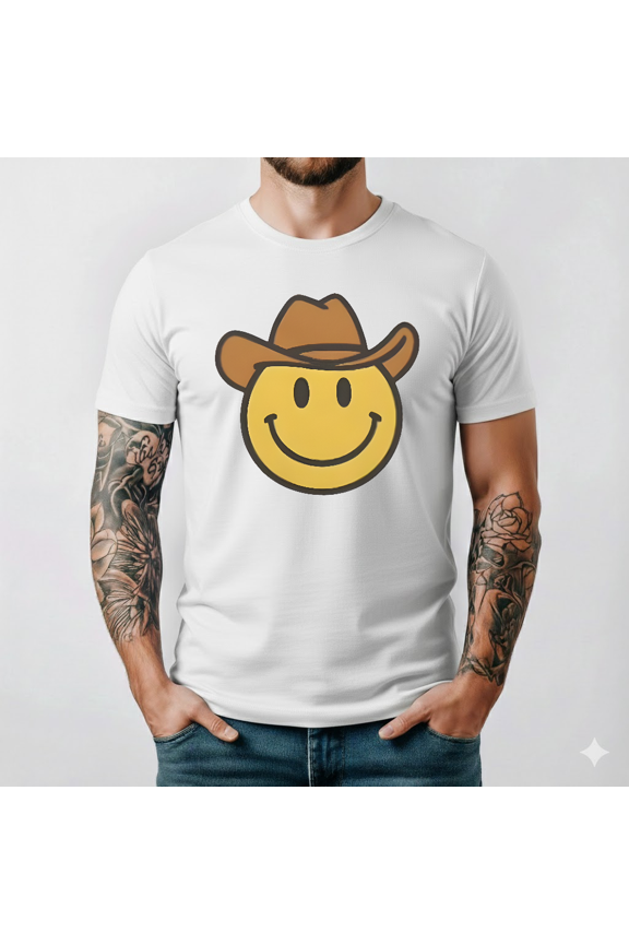 Smiley Face Cowboy Hat Western Fun Graphic Art Design Style Art Graphic Tee TopV11109,for unisex up to 5XL