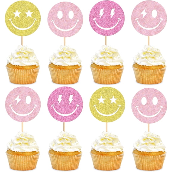 Smiley Face Cupcake Toppers, 12PCS Glitter Emoji Picks for Birthday, Bachelorette & Teen Party Dessert Decor