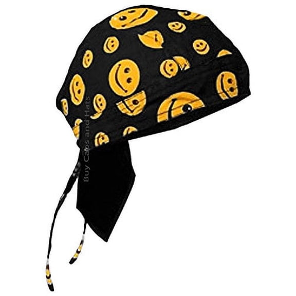 Smiley Face Doo Rag Black Bandana Chemo Skull Cap Smile Head Wrap