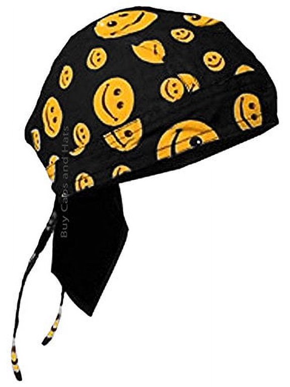 Smiley Face Doo Rag Black Bandana Chemo Skull Cap Smile Head Wrap