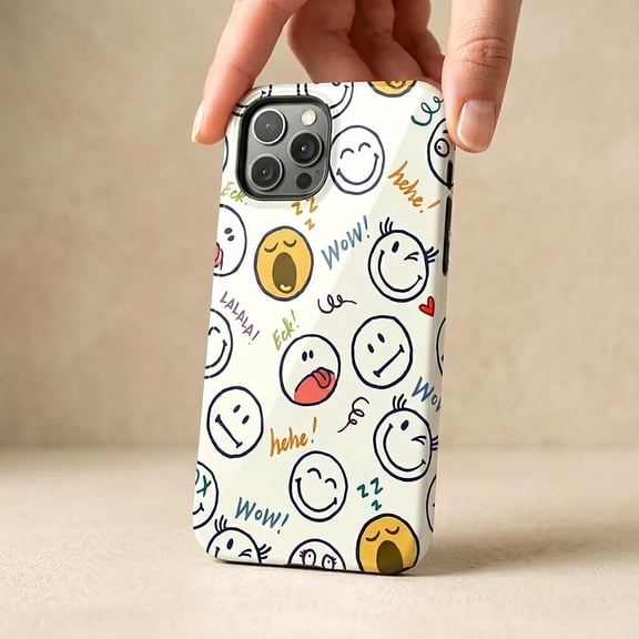 Smiley Face Doodle Tough Phone Case for iPhone – Dual-Layer Protective Cover with Glossy Finish