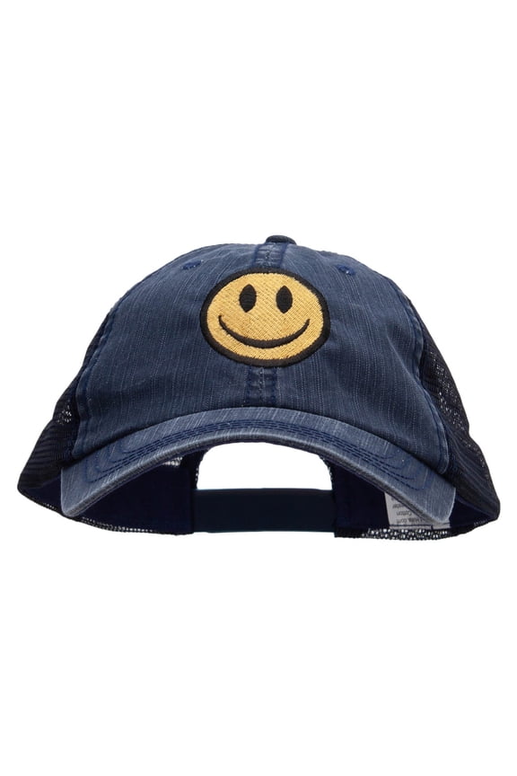 Smiley Face Embroidered Big Size Special Cotton Low Profile Trucker Cap - Navy XL-3XL