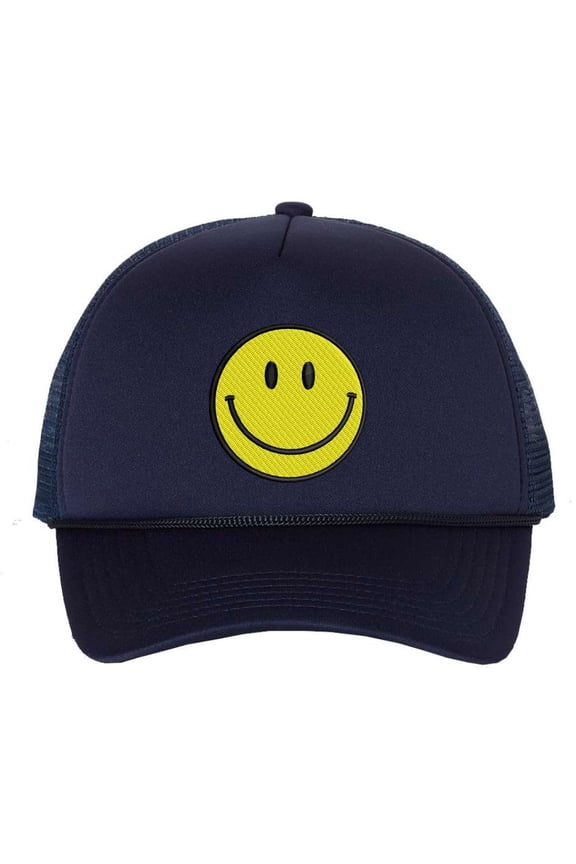 Smiley Face Embroidered Foam Mesh Back Trucker Hat Happy Face Unisex Adjustable Baseball Hat (Navy/Navy)