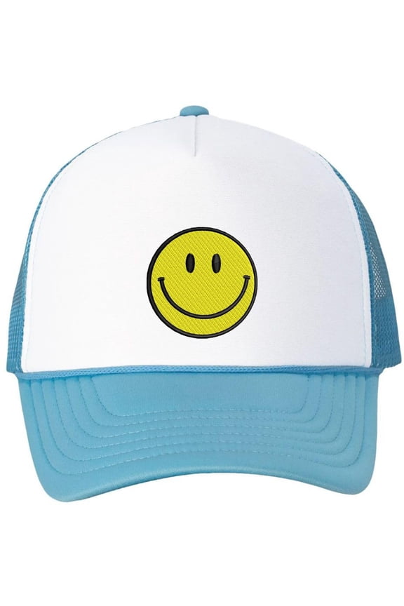 Smiley Face Embroidered Foam Mesh Back Trucker Hat Happy Face Unisex Adjustable Baseball Hat (White/BabyBlue)