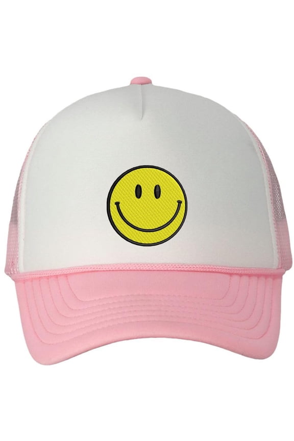 Smiley Face Embroidered Foam Mesh Back Trucker Hat Happy Face Unisex Adjustable Baseball Hat (White/Pink)