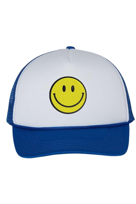Smiley Face Embroidered Foam Mesh Back Trucker Hat Happy Face Unisex Adjustable Baseball Hat (White/Royal)