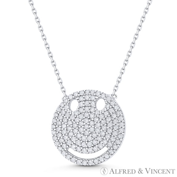 Smiley Face Emoji CZ Crystal Pave Pendant & Chain Necklace in .925 Sterling Silver w/ Rhodium