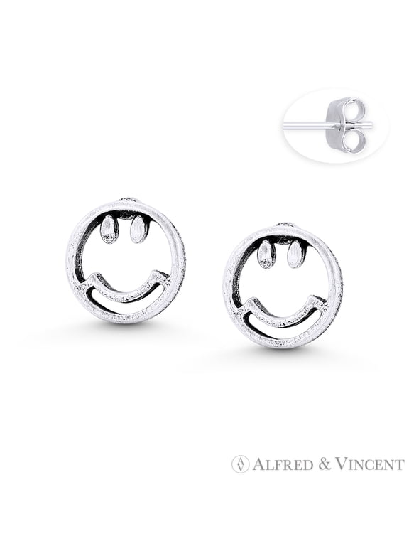 Smiley Face Emoji Charm 8mm Stud Earrings in Oxidized .925 Sterling Silver