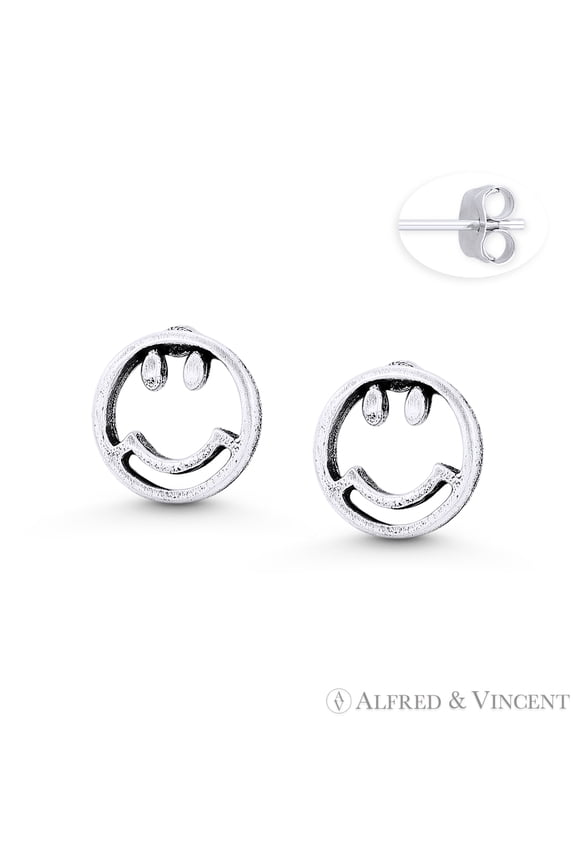 Smiley Face Emoji Charm 8mm Stud Earrings in Oxidized .925 Sterling Silver