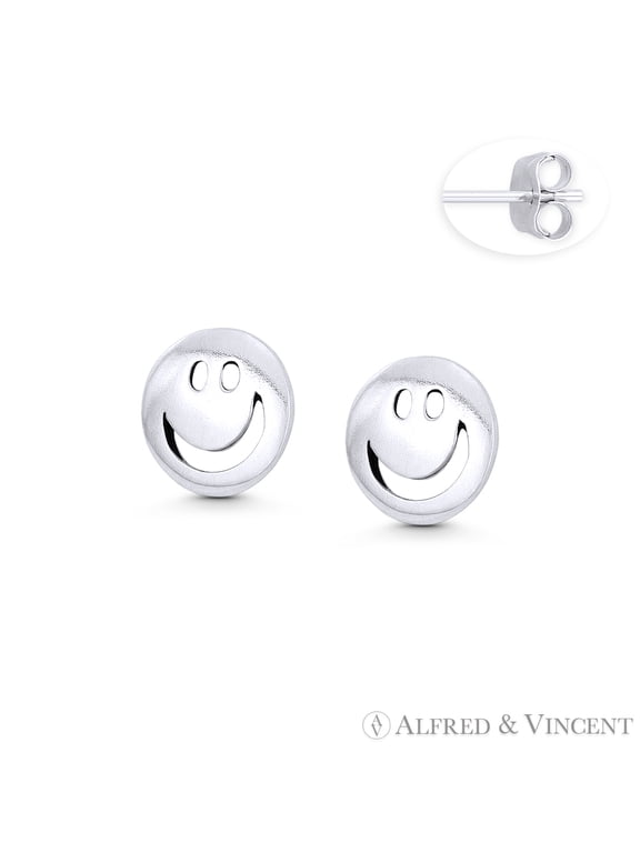 Smiley Face Emoji Charm 9mm Stud Earrings in Oxidized .925 Sterling Silver