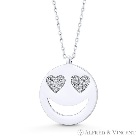 Smiley Face Emoji Nano Crystal / Cubic Zirconia Pendant & Chain Necklace in .925 Sterling Silver