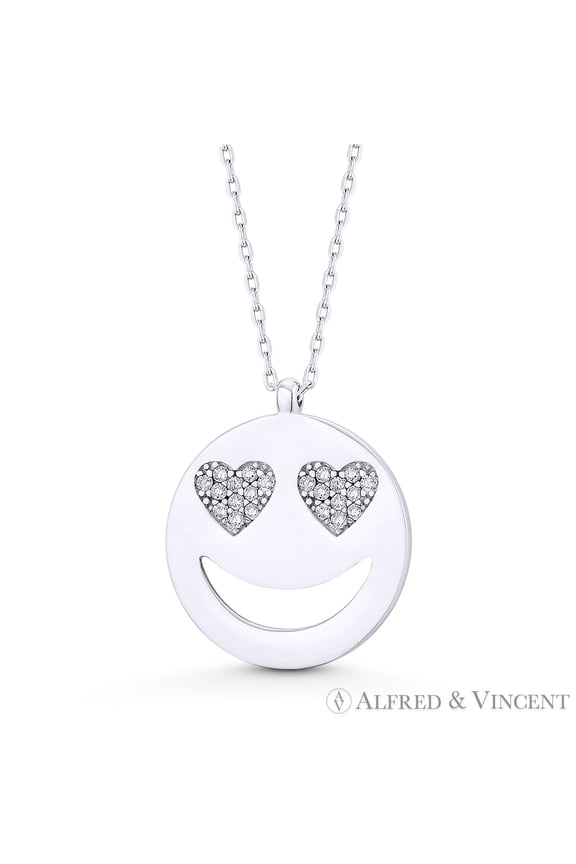 Smiley Face Emoji Nano Crystal / Cubic Zirconia Pendant & Chain Necklace in .925 Sterling Silver