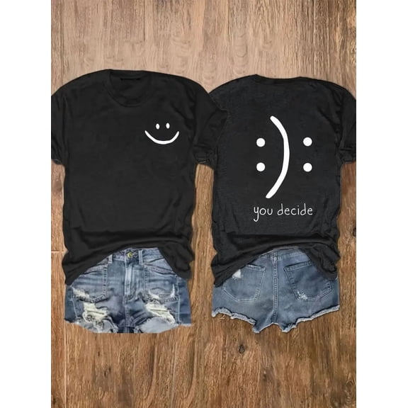 Smiley Face Frown You Decide Women Casual Short Sleeve Graphic T-Shirt