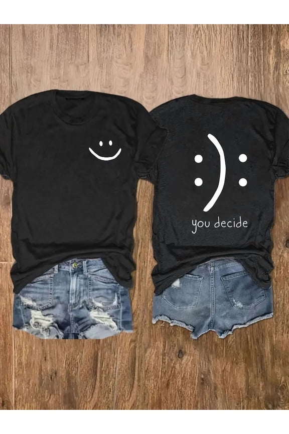 Smiley Face Frown You Decide Women Casual Short Sleeve Graphic T-Shirt