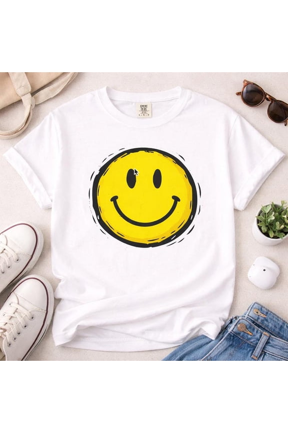 Smiley Face Graphic Tee, Retro Yellow Happy Face Design, Vintage Positive Aesthetic Comfort Colors Unisex Cotton T-Shirt, Size S-3XL