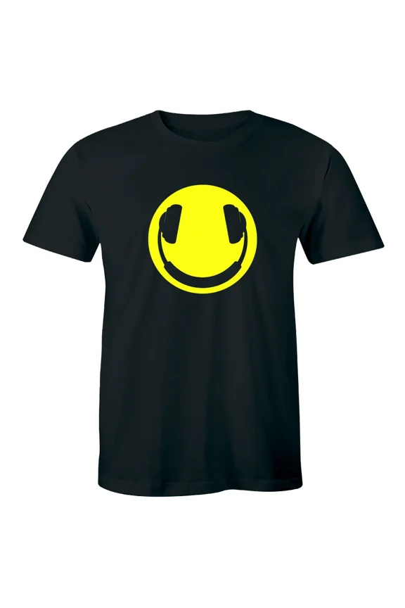 Smiley Face Headphones Music Lover DJ Graphic EDM Club Festival Unisex T-Shirt, S-5XL